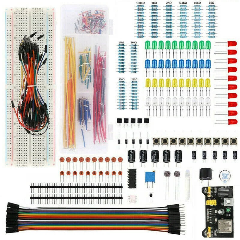 Basic Component Starter Kit with Breadboard Power Supply Jumper Wires Resistors Capacitors LED S836