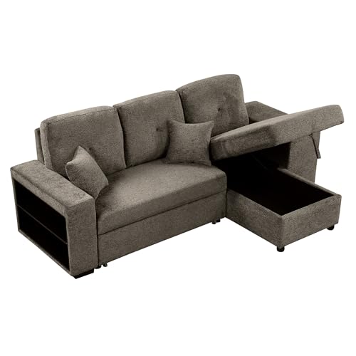 Sectional Sofa with Pull-Out Sleeper Sofa Bed, Storage Chaise and 2 Stools, L Shaped Couch Set, Charcoal O74469