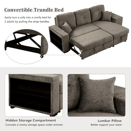 Sectional Sofa with Pull-Out Sleeper Sofa Bed, Storage Chaise and 2 Stools, L Shaped Couch Set, Charcoal O74469
