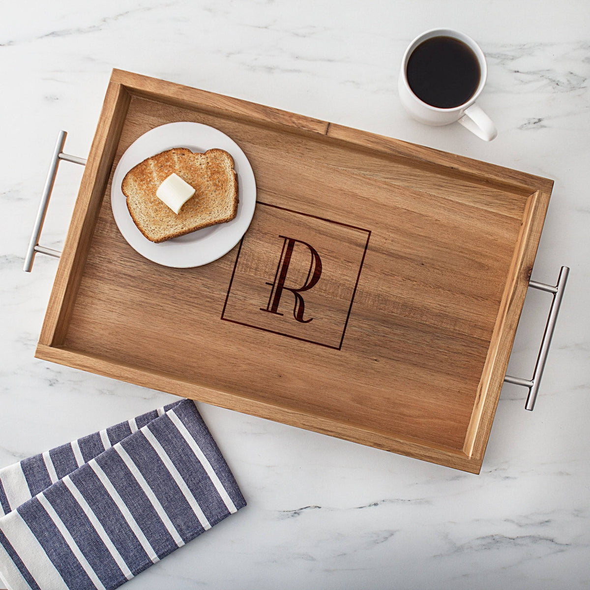 Acacia-wood Tray with Metal Handles Y4005