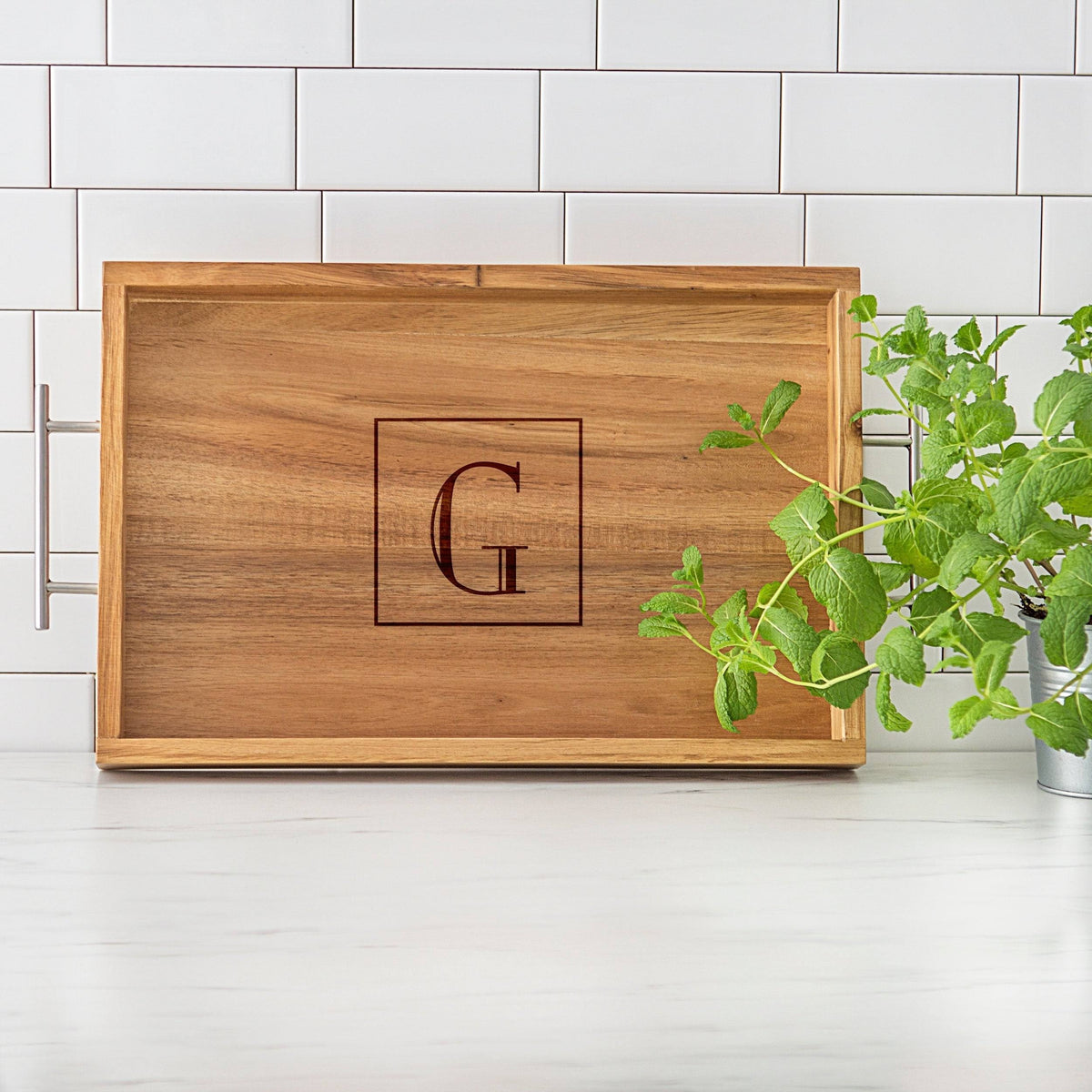 Acacia-wood Tray with Metal Handles Y4005