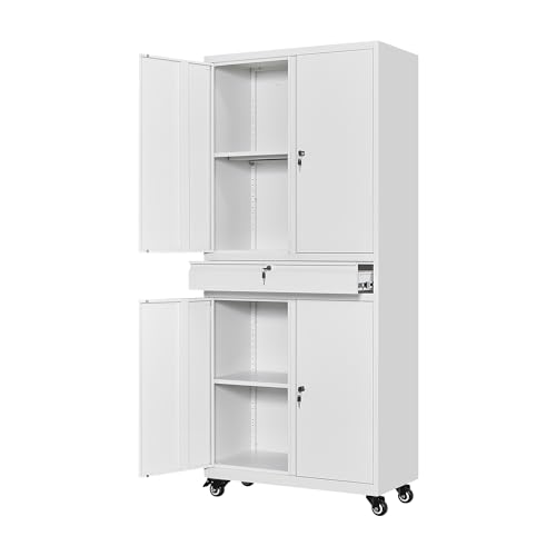 White Metal Storage Cabinet with Wheels and Locking Drawer G244