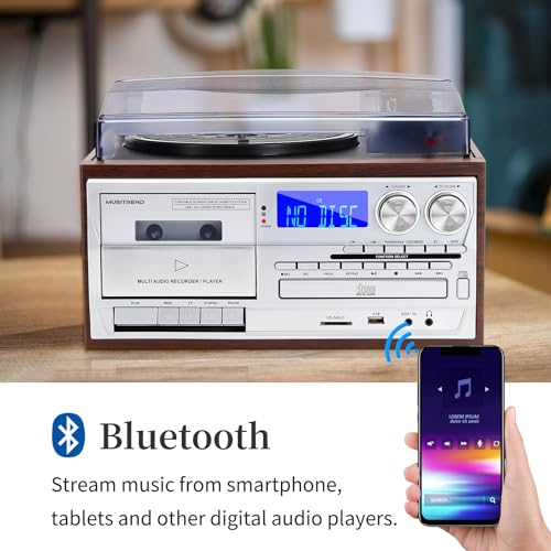 9 in 1 Record Player with Bluetooth Turntable, CD/Cassette, AM/FM Radio, USB SD/MMC, Aux-in/RCA Line Out H16287