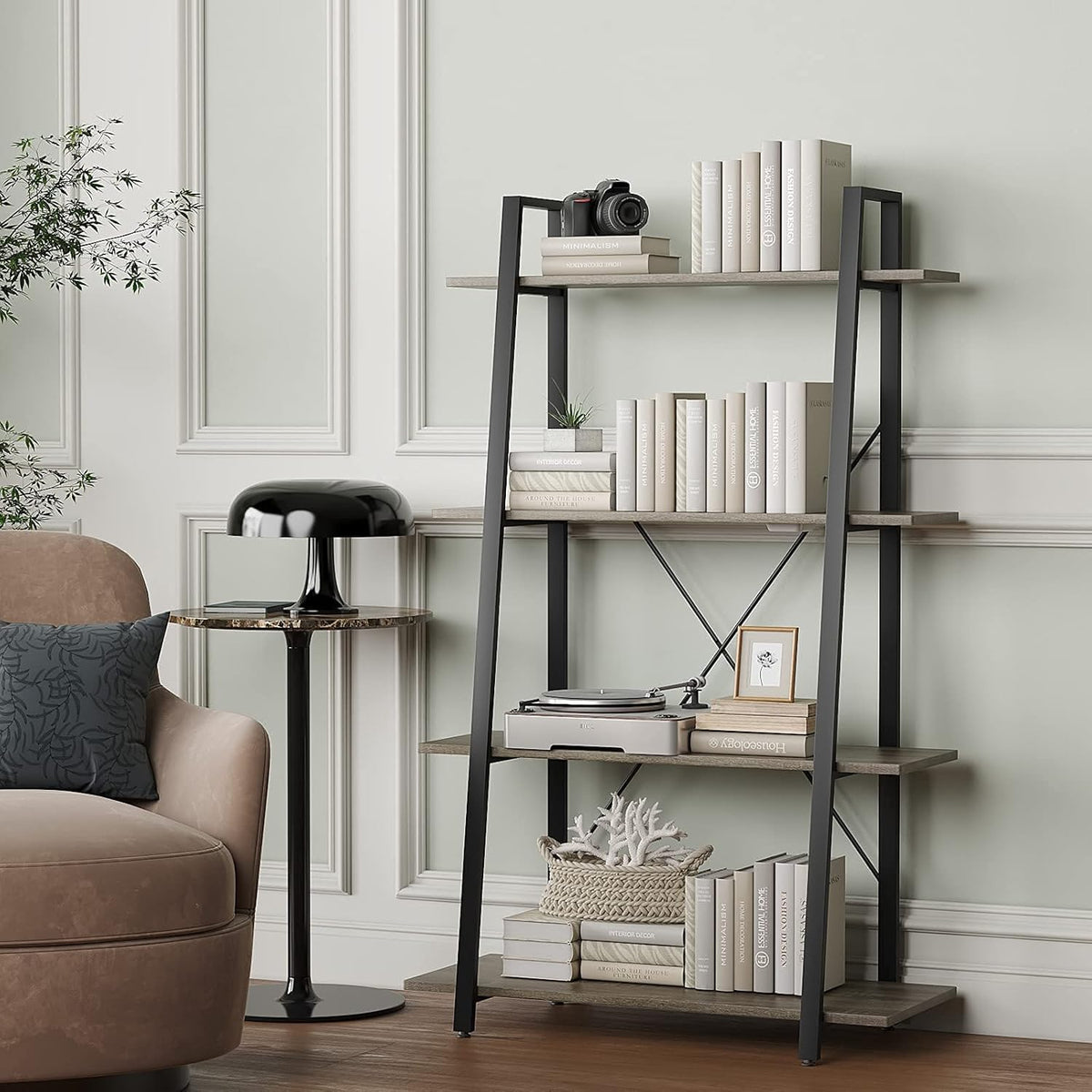 4-Tier Wooden and Metal Ladder Shelf Bookshelf C36723