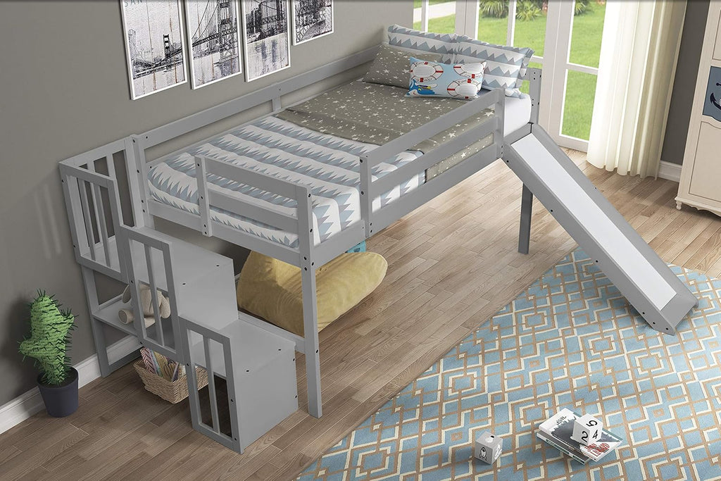 Twin Loft Bed with Slide and Storage Staircase Grey K70471