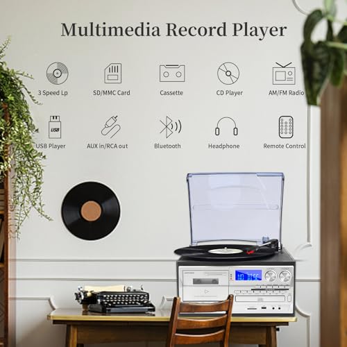 9 in 1 Record Player with Bluetooth Turntable, CD/Cassette, AM/FM Radio, USB SD/MMC, Aux-in/RCA Line Out H16287