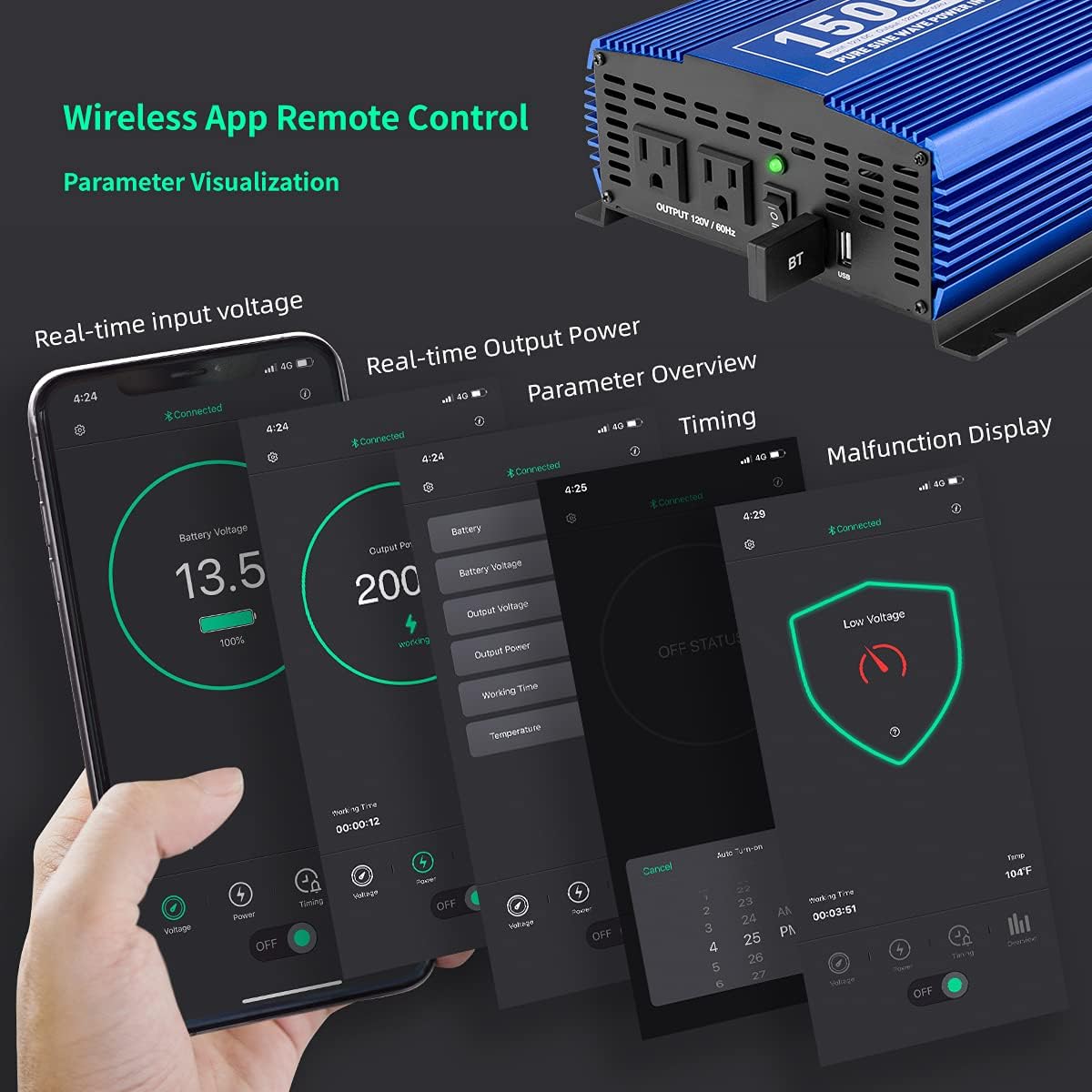 1500W Pure Sine Wave Power Inverter 12V DC to 110V AC Car Inverter with Bluetooth and 2AC Outlets & USB Port G48816