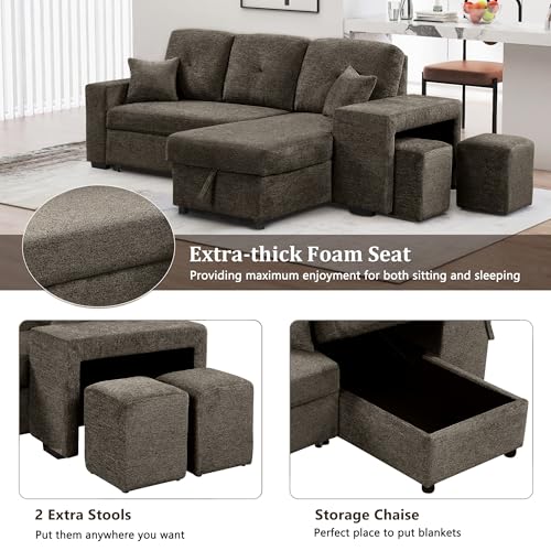 Sectional Sofa with Pull-Out Sleeper Sofa Bed, Storage Chaise and 2 Stools, L Shaped Couch Set, Charcoal O74469
