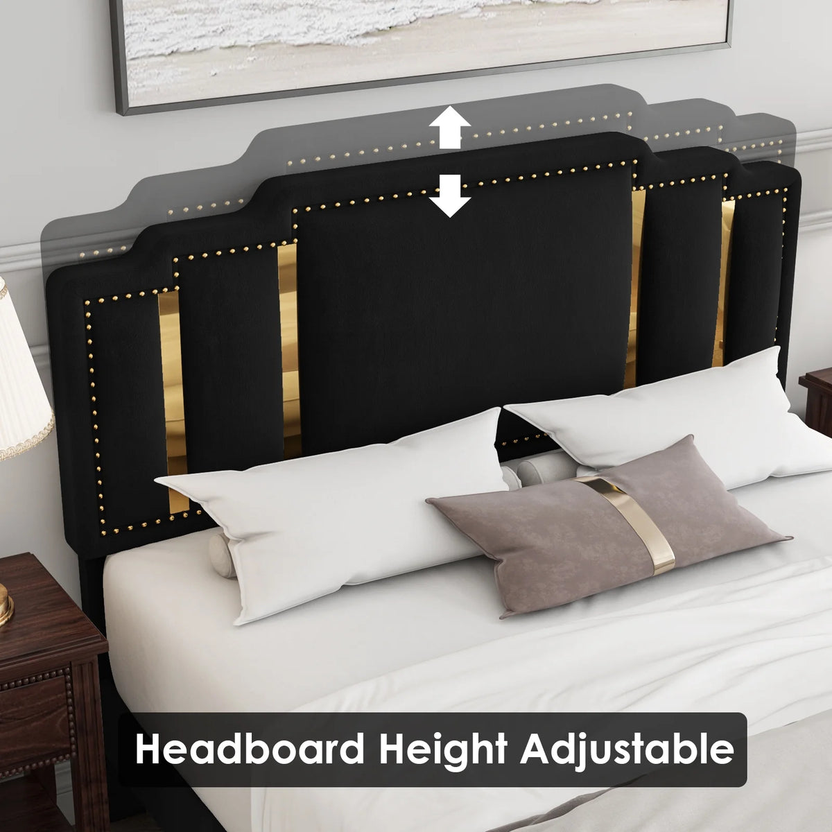 Black Velvet Queen Bed Frame with Adjustable Headboard V5195