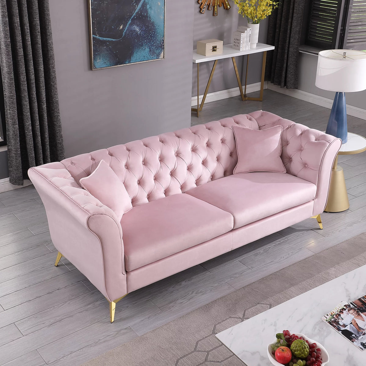 Pink Tufted Fabric Sofa with Scroll Arm R68190