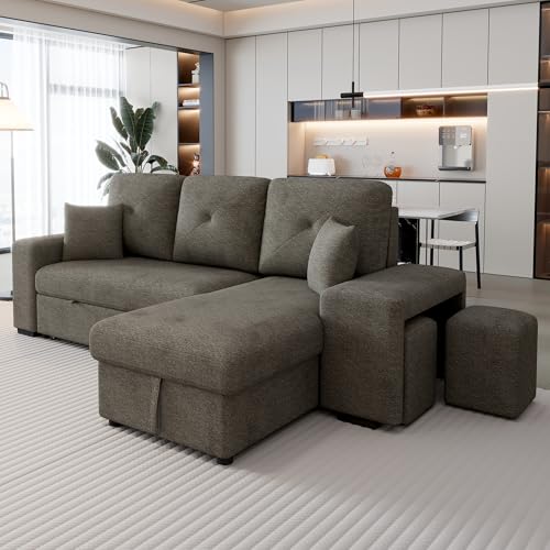 Sectional Sofa with Pull-Out Sleeper Sofa Bed, Storage Chaise and 2 Stools, L Shaped Couch Set, Charcoal O74469