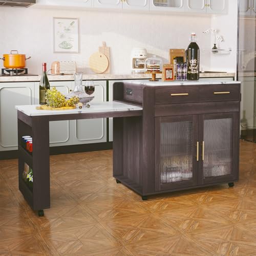Extendable Kitchen Island on Wheels with Power Outlet and Storage Cabinet and Drawers Y804998