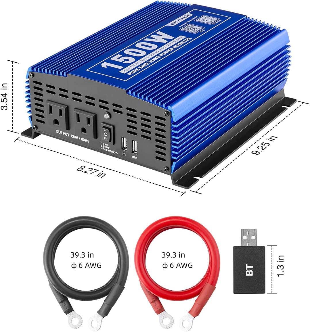 1500W Pure Sine Wave Power Inverter 12V DC to 110V AC Car Inverter with Bluetooth and 2AC Outlets & USB Port G48816