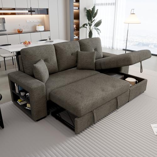 Sectional Sofa with Pull-Out Sleeper Sofa Bed, Storage Chaise and 2 Stools, L Shaped Couch Set, Charcoal O74469