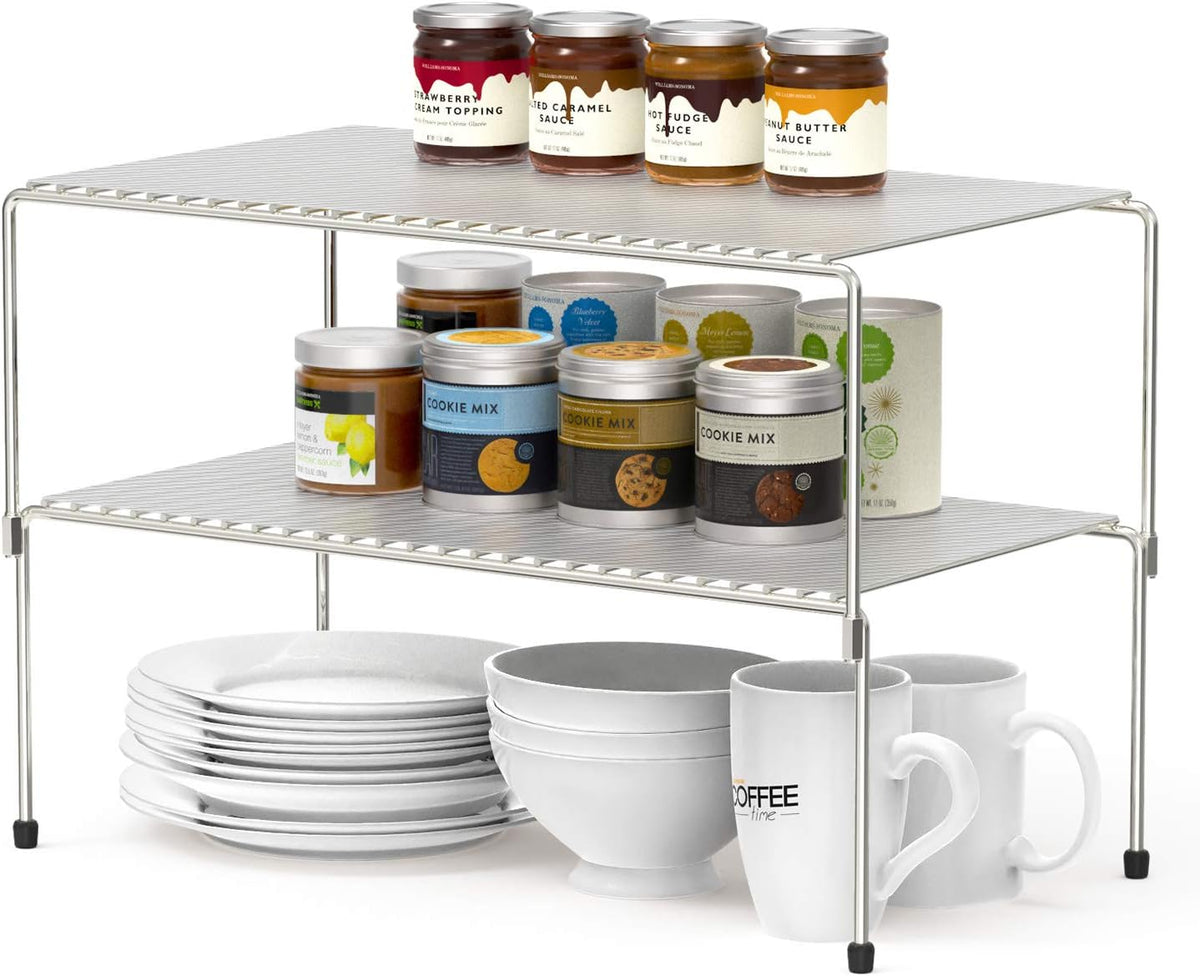 Set of 2 Stackable Expandable Storage Shelves with Anti-Slip Liners, Silver U9571