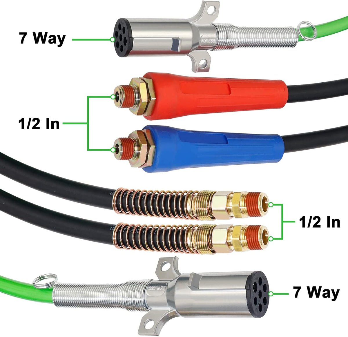15 Ft Heavy Duty 7 Way ABS Electrical Cable and Rubber Air Line Hose Assemblies with Aluminum Glad Hands and Extension Handles N269
