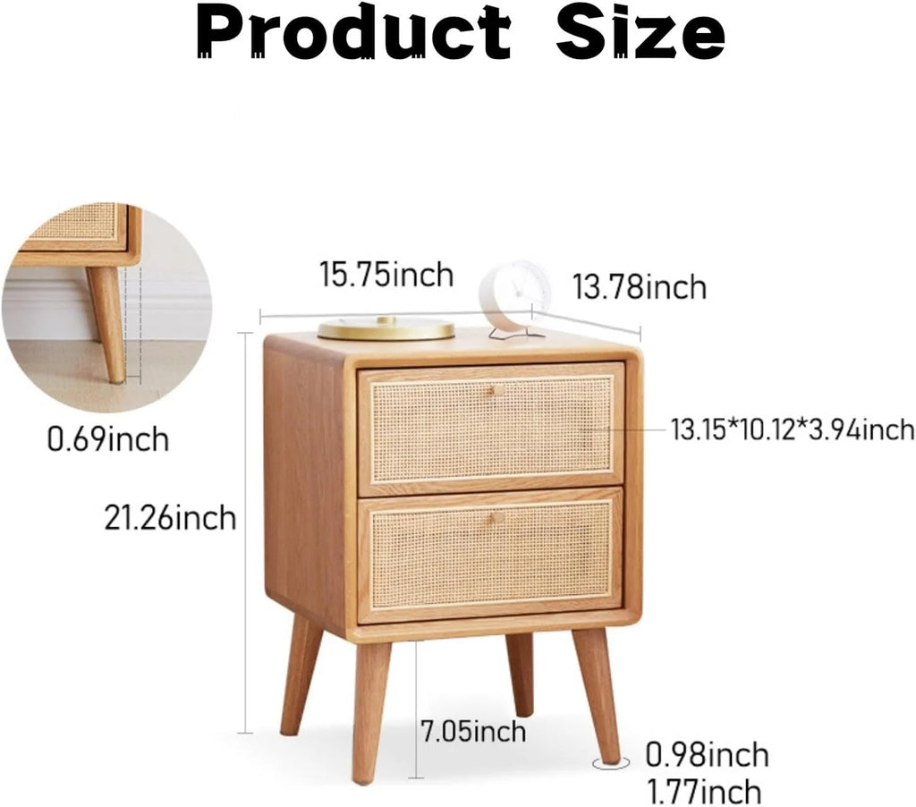 Rattan 2 Drawer Solid Oak Wood Nightstand R1665