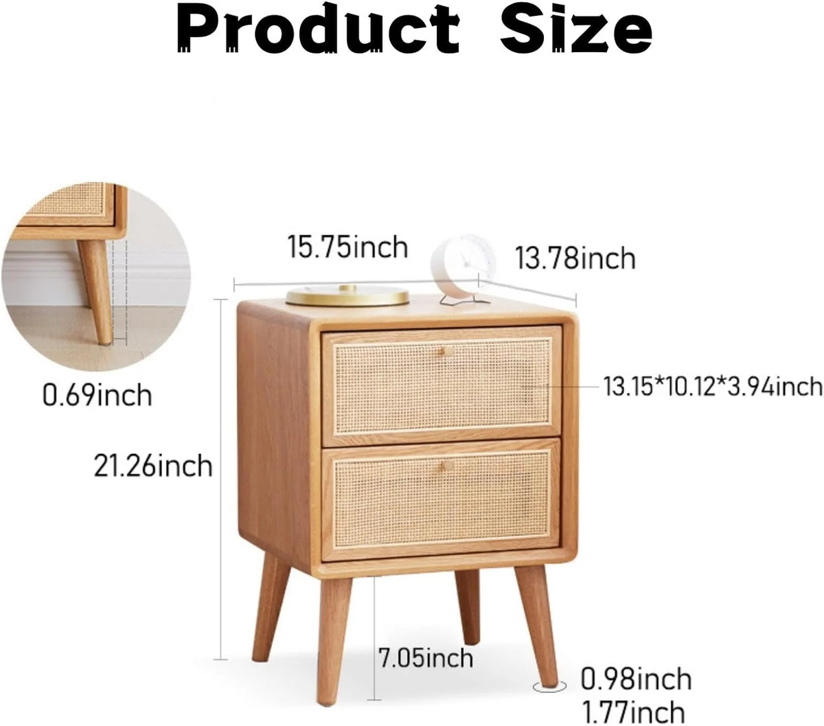 Rattan 2 Drawer Solid Oak Wood Nightstand R1665