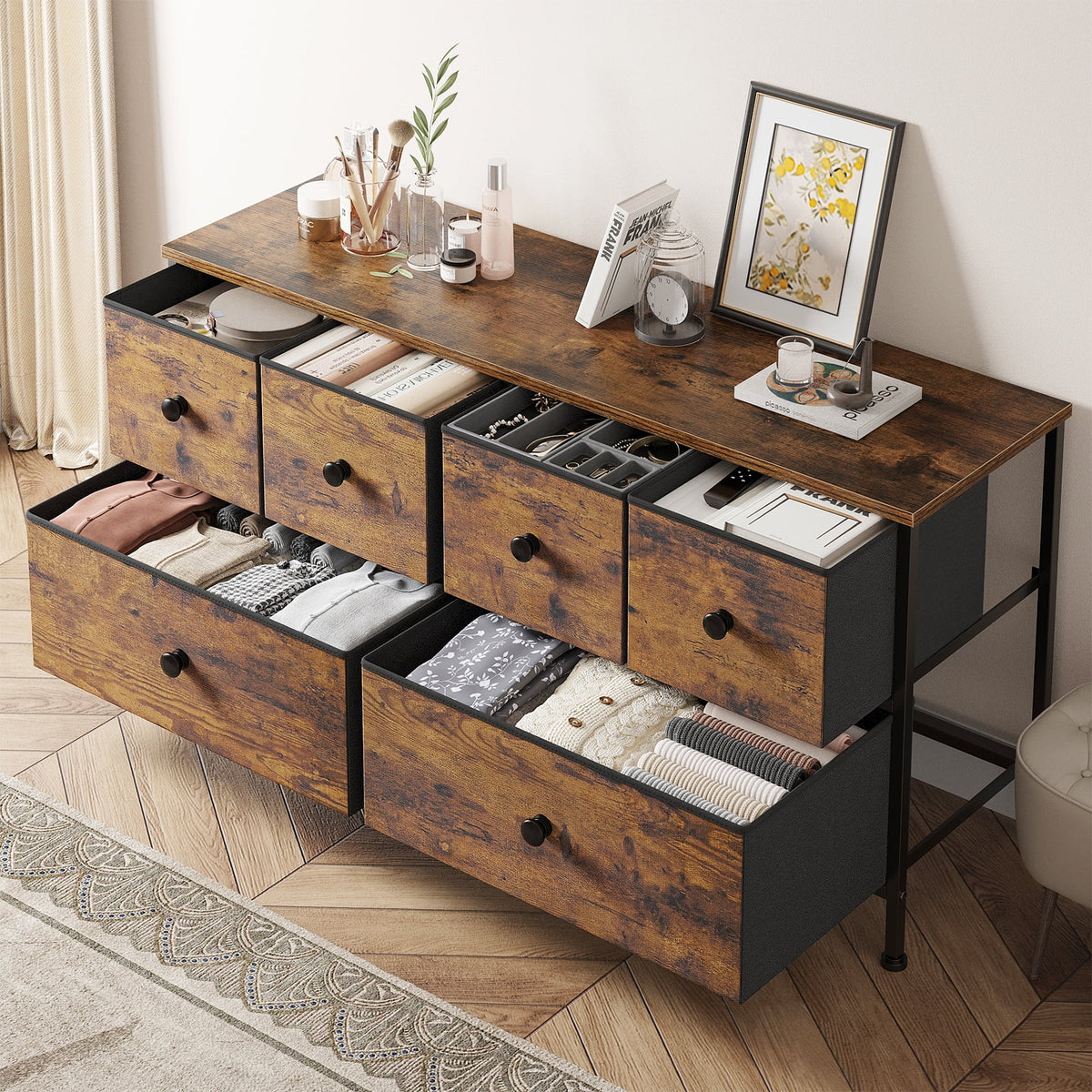 8 Drawer Fabric Dresser TV Stand with Outlet K3943