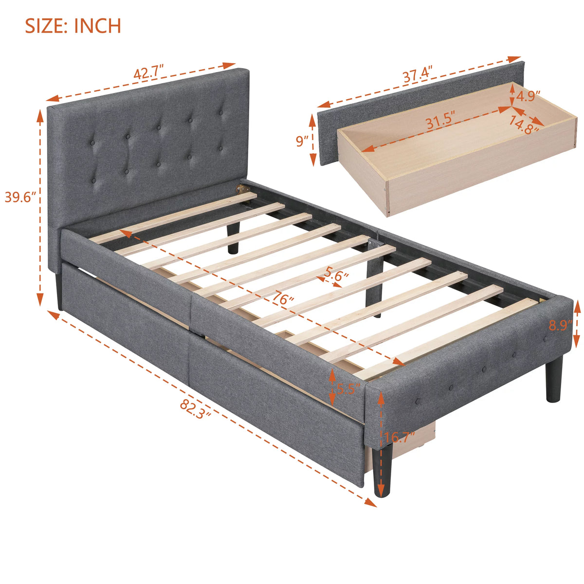 Twin Size Upholstered Platform Bed with 2 Storage Drawers O633801