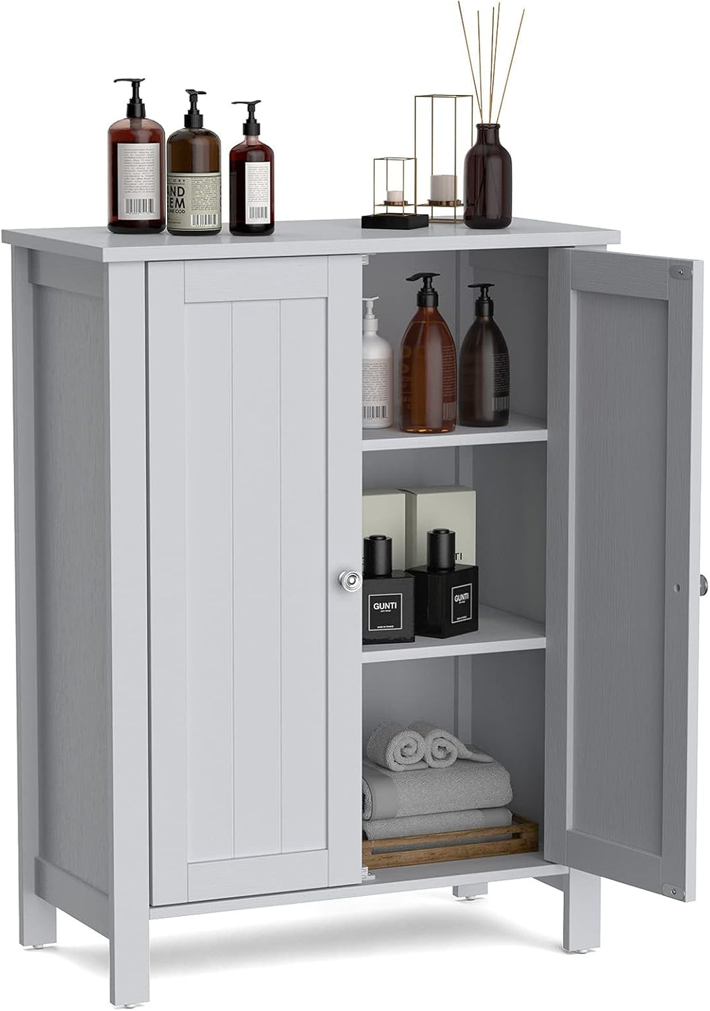 Grey Wooden Bathroom Floor Cabinet with 3-Tier Adjustable Shelf and Double Doors T1497