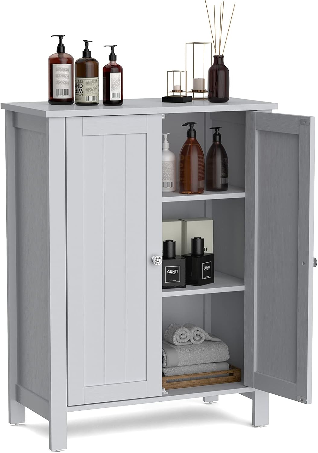 Grey Wooden Bathroom Floor Cabinet with 3-Tier Adjustable Shelf and Double Doors T1497
