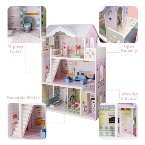 Large Wooden 3 Stories 6 Rooms Dollhouse with Elevator & Balcony C920