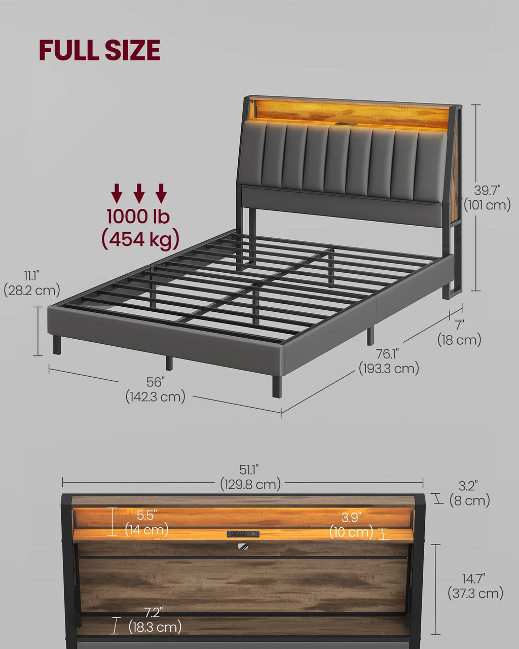 Full Size Bed Frame with Storage Headboard and Charging Station A367