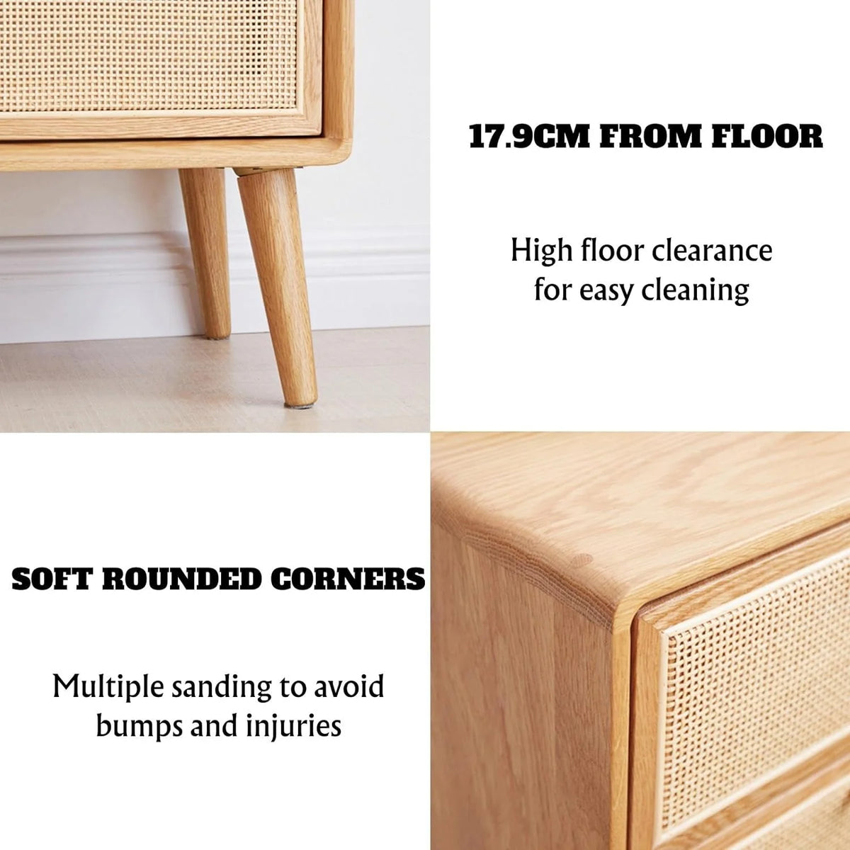 Rattan 2 Drawer Solid Oak Wood Nightstand R1665