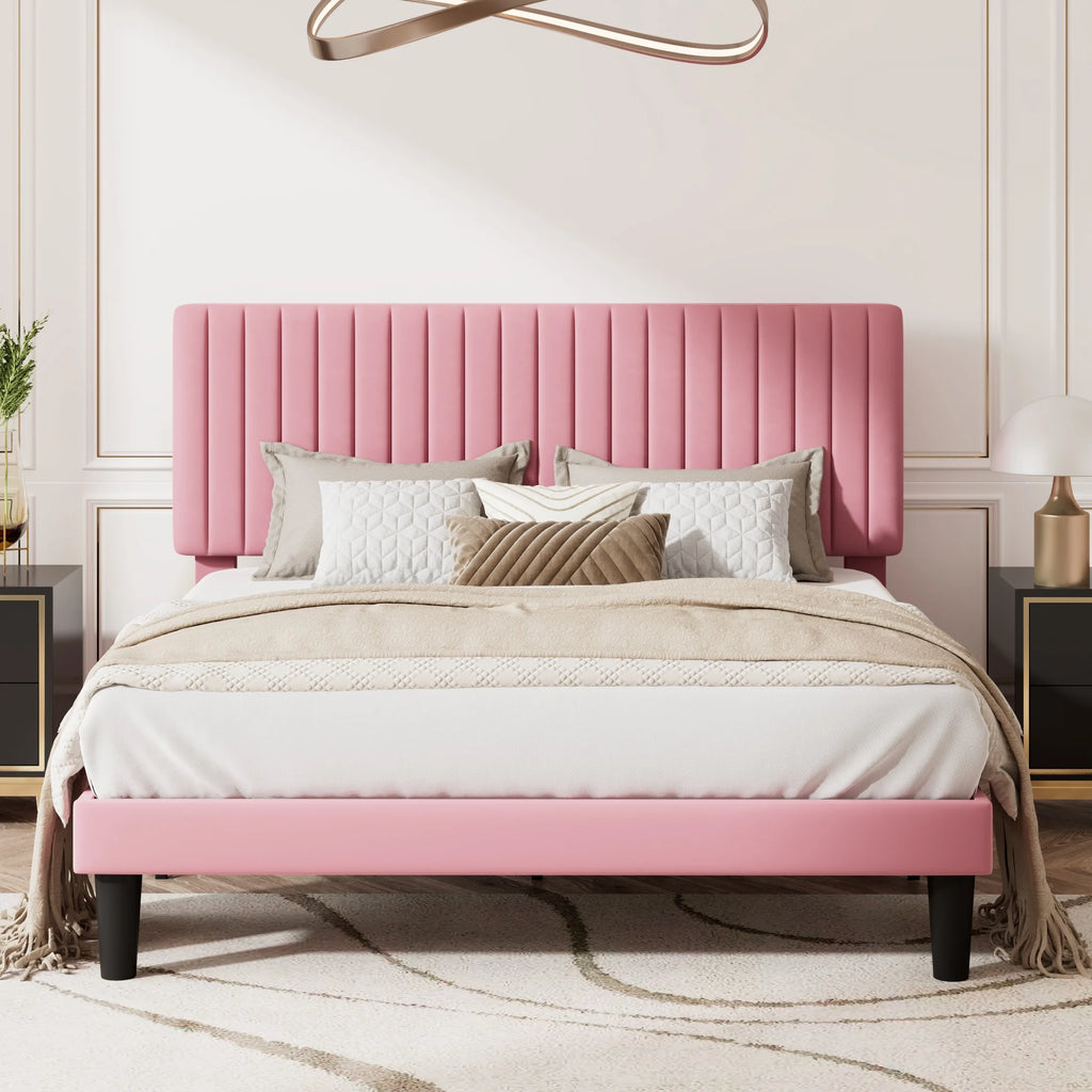 Queen Size Upholstered Platform Bed Frame with Velvet Headboard U8992