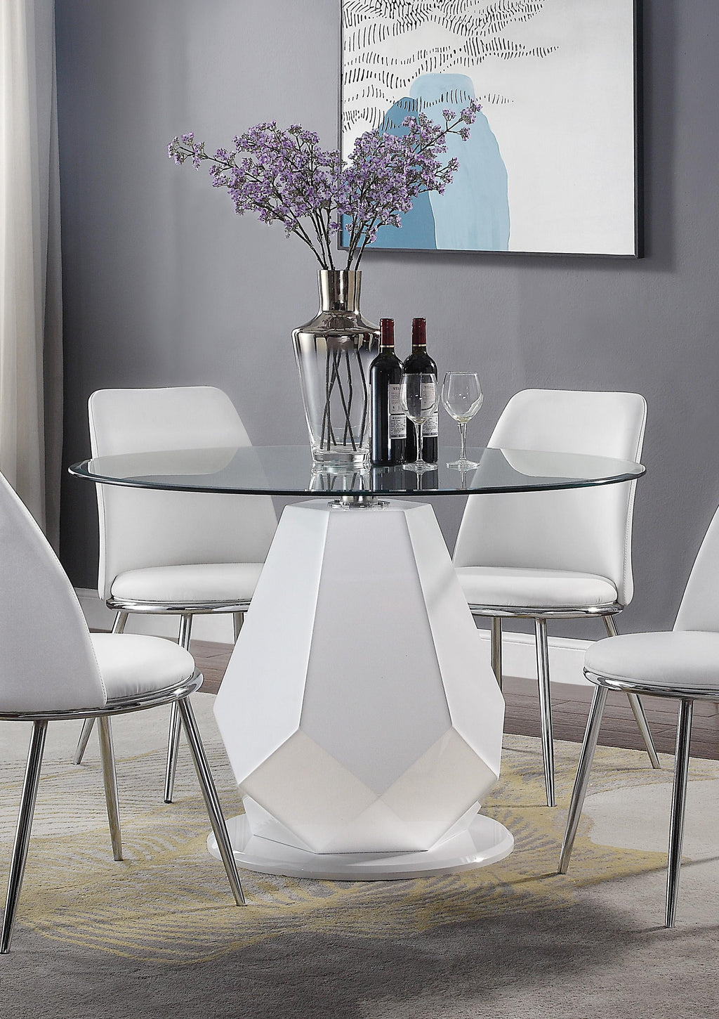 Round Glass Top White Dining Table Set 5Pcs N5237