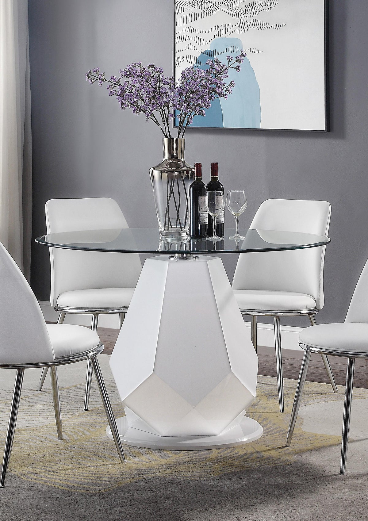 Round Glass Top White Dining Table Set 5Pcs N5237