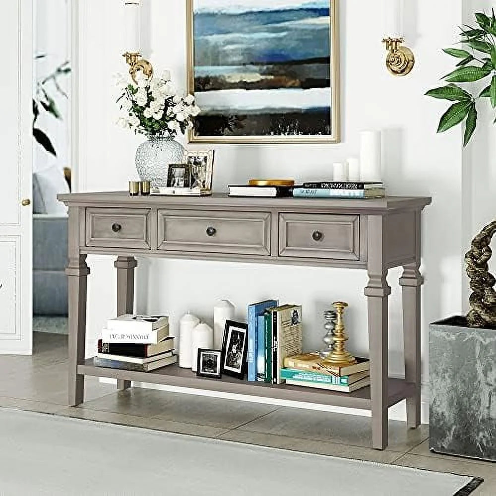 Small Entryway Console Table with 3 Drawers Pine Wood Frame Z198