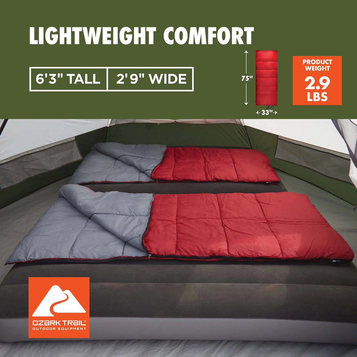 50-Degree Warm Weather Rectangular Sleeping Bag, Red, 33x75 L565712