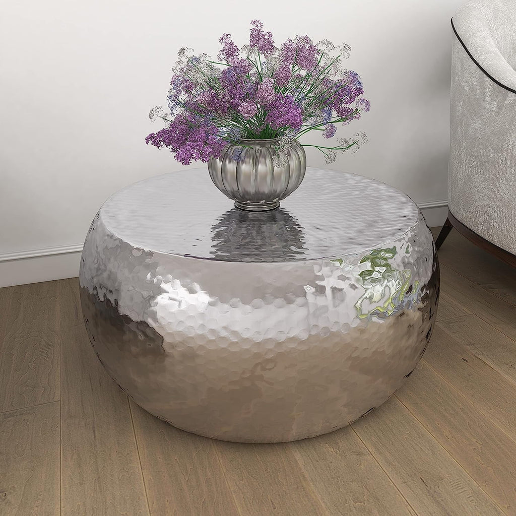 Aluminum Drum Shaped Coffee Table with Hammered Design V14930