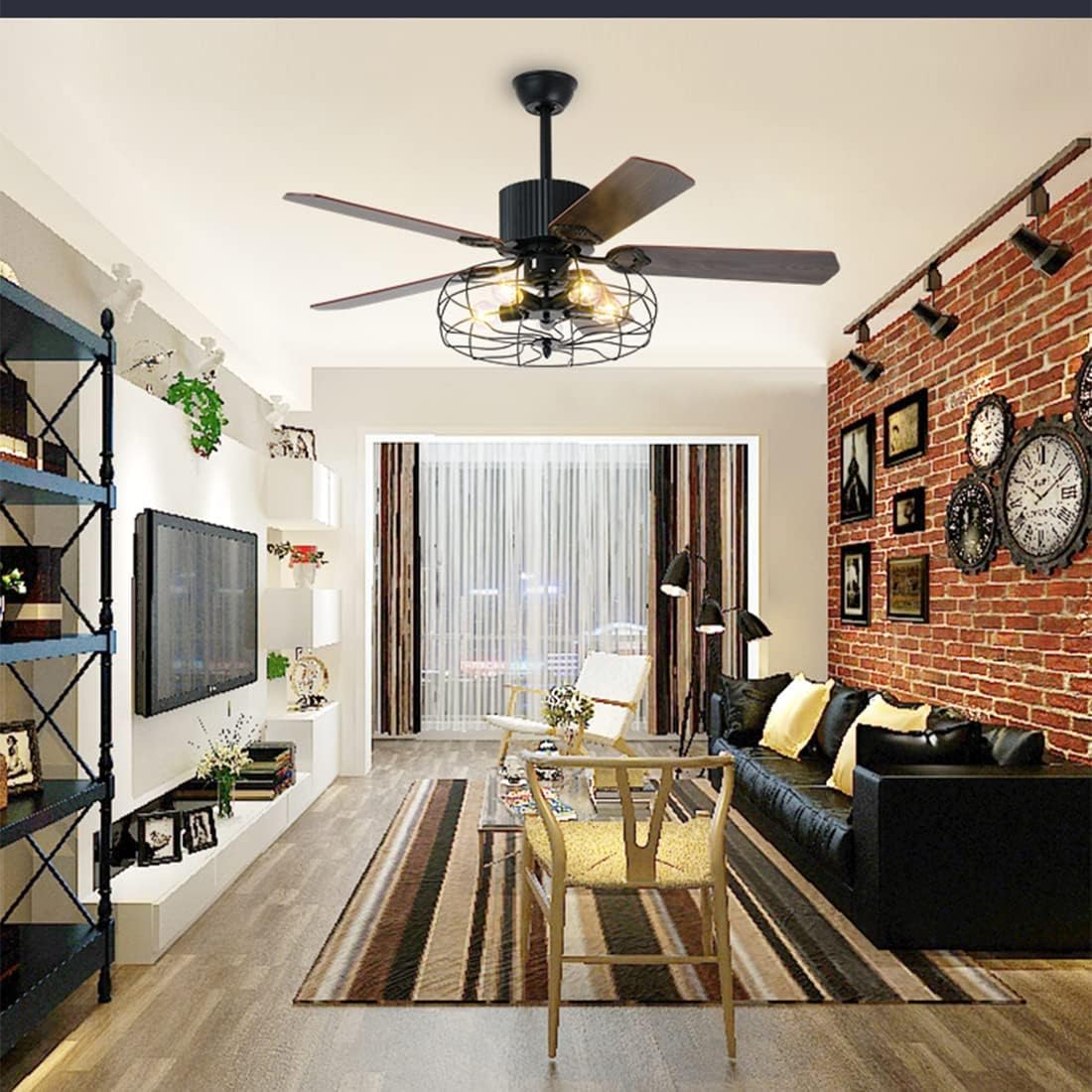 Black Industrial Ceiling Fan with Light and Remote, 5 Wood Blades, 5-Lights E26 B8900