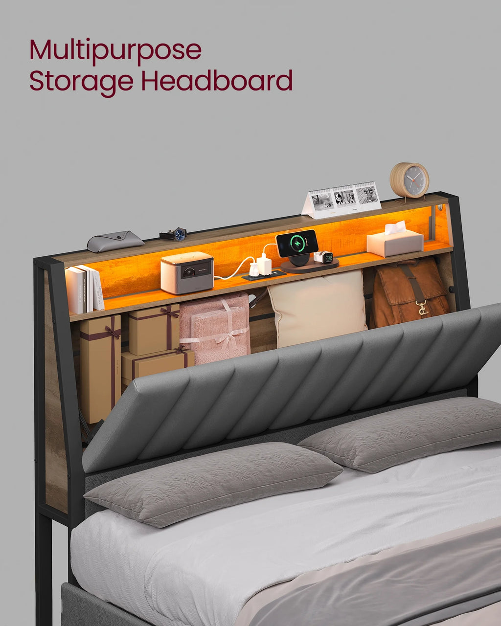 Full Size Bed Frame with Storage Headboard and Charging Station A367