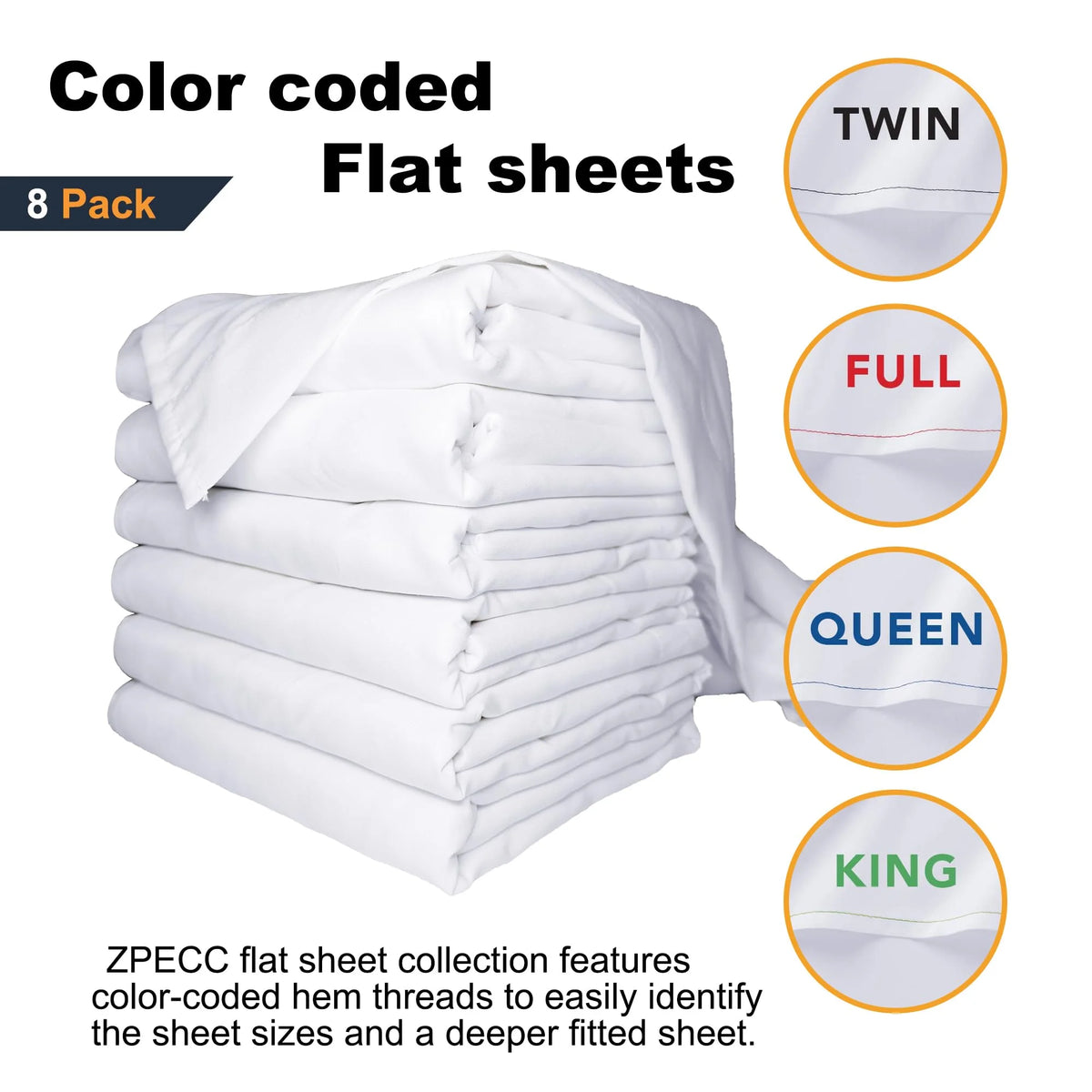 8 Pack Twin White Flat Sheets with Color Hems U966525