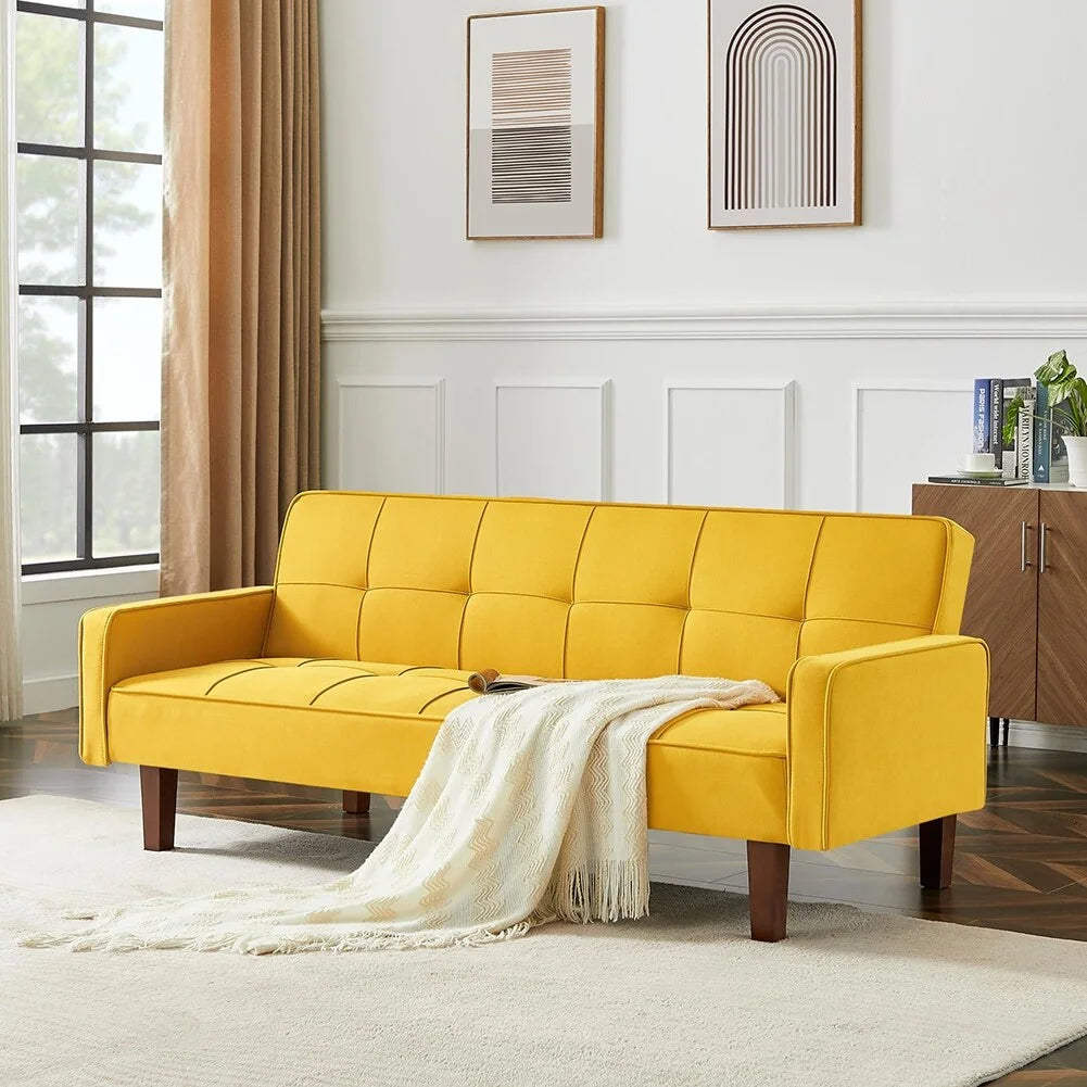 Yellow Linen Upholstered Sofa Bed with Solid Wood Feet T29228