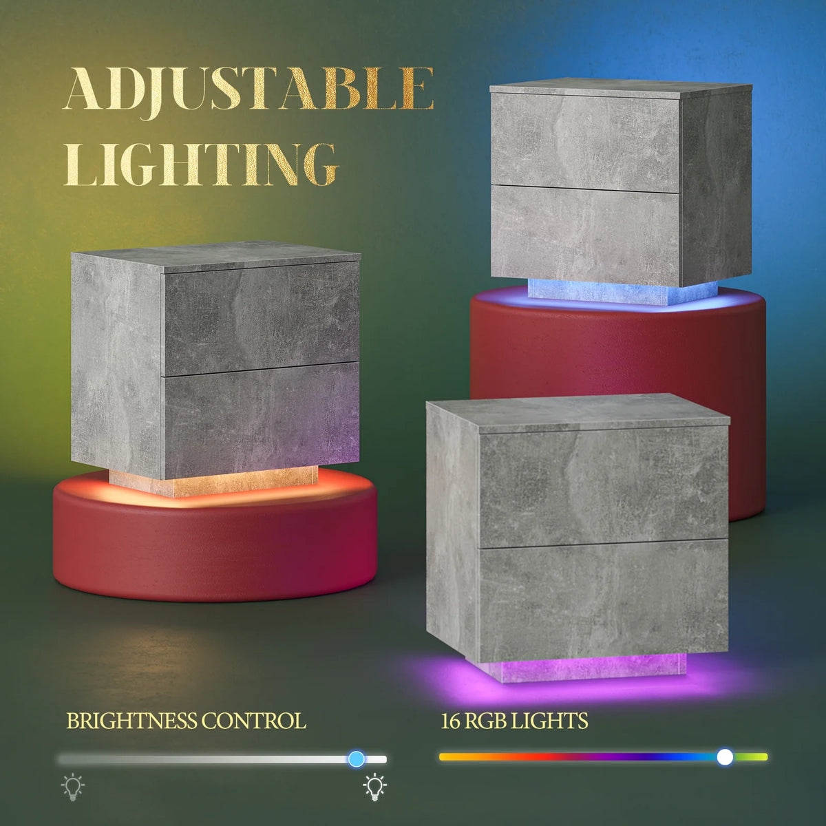 LED Nightstands Set of 2 with 2 Drawers D3965