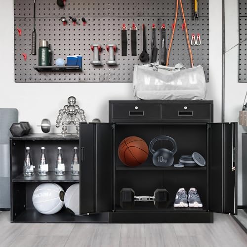 Black Steel Storage Cabinet with 2 Lockable Doors and 2 Adjustable Shelves F46279