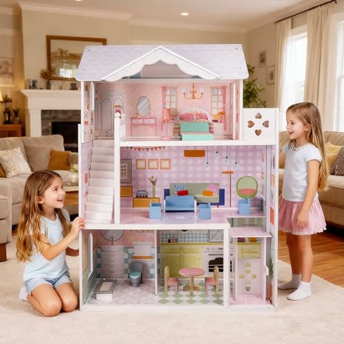Large Wooden 3 Stories 6 Rooms Dollhouse with Elevator & Balcony C920