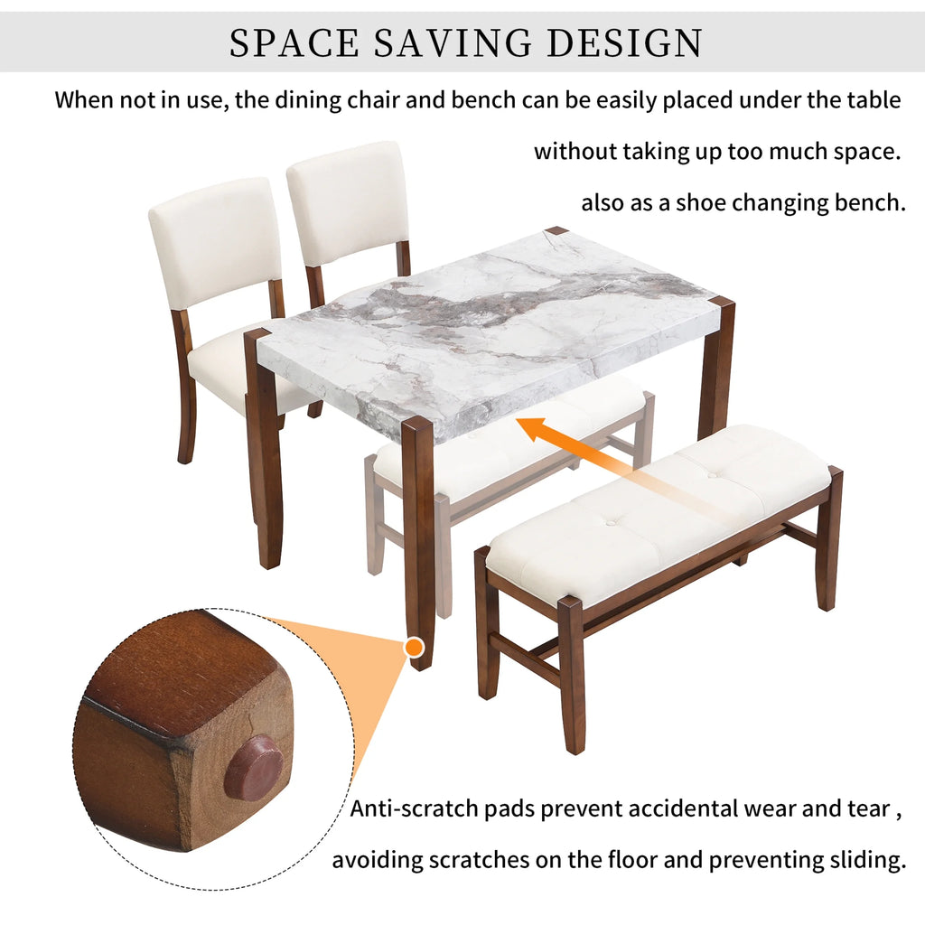 4-Piece Dining Furniture Set with Faux Marble Table and 2 Upholstered Chairs & Bench J4636