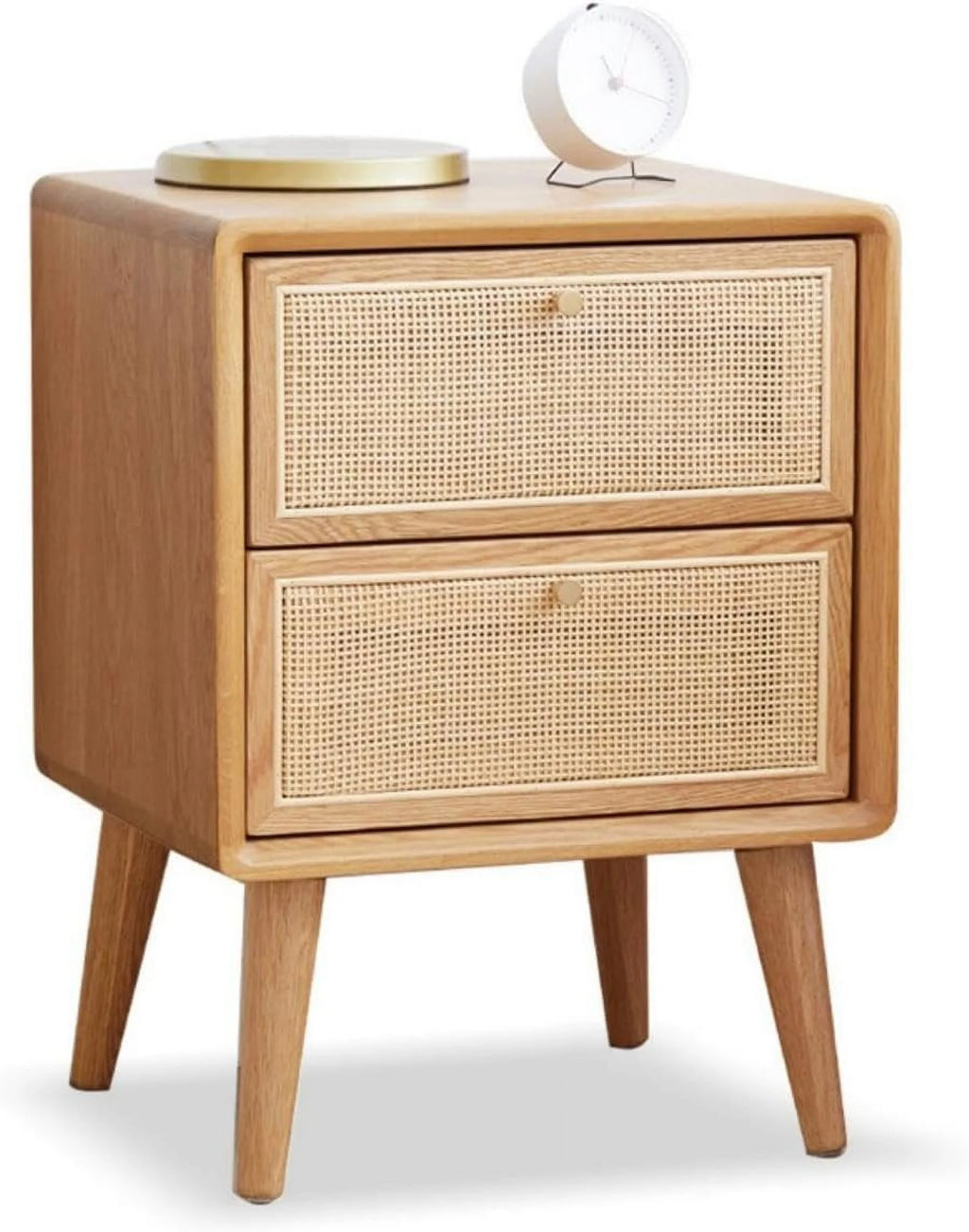 Rattan 2 Drawer Solid Oak Wood Nightstand R1665