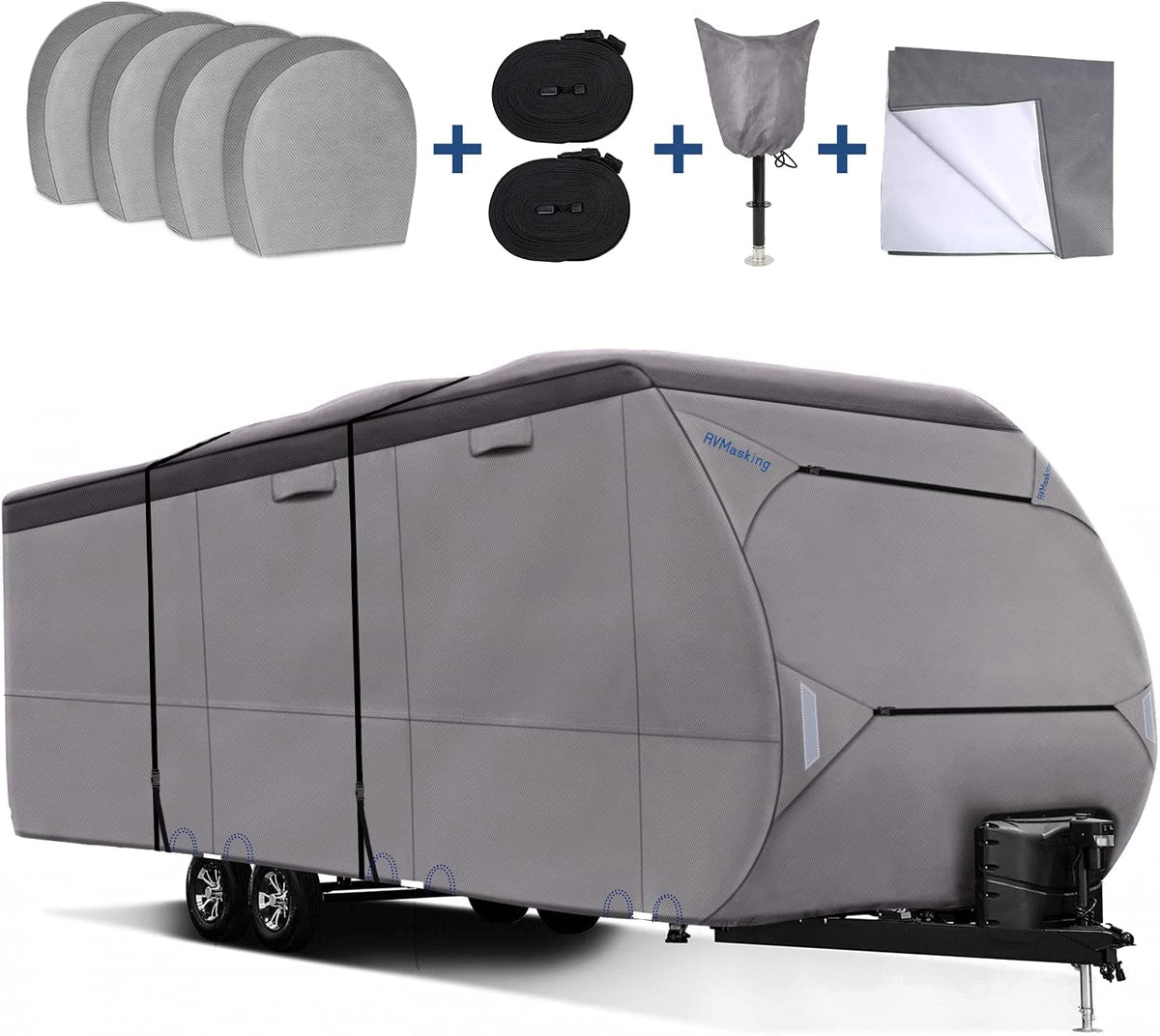 Upgraded Waterproof 500D Travel Trailer Cover with 4 Tire Covers, Tongue Jack Cover I542072