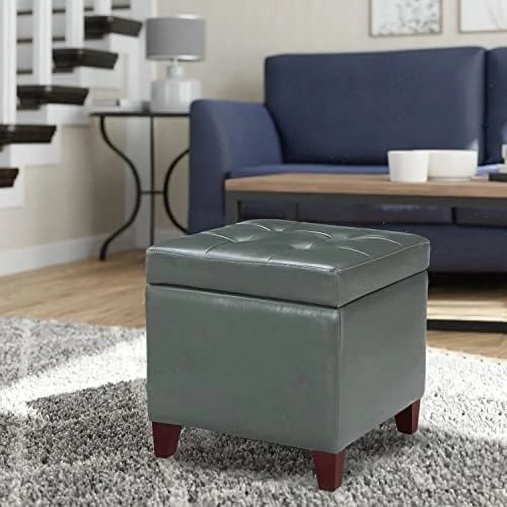 Tufted Leather Square Ottoman with Hinged Lid O75939