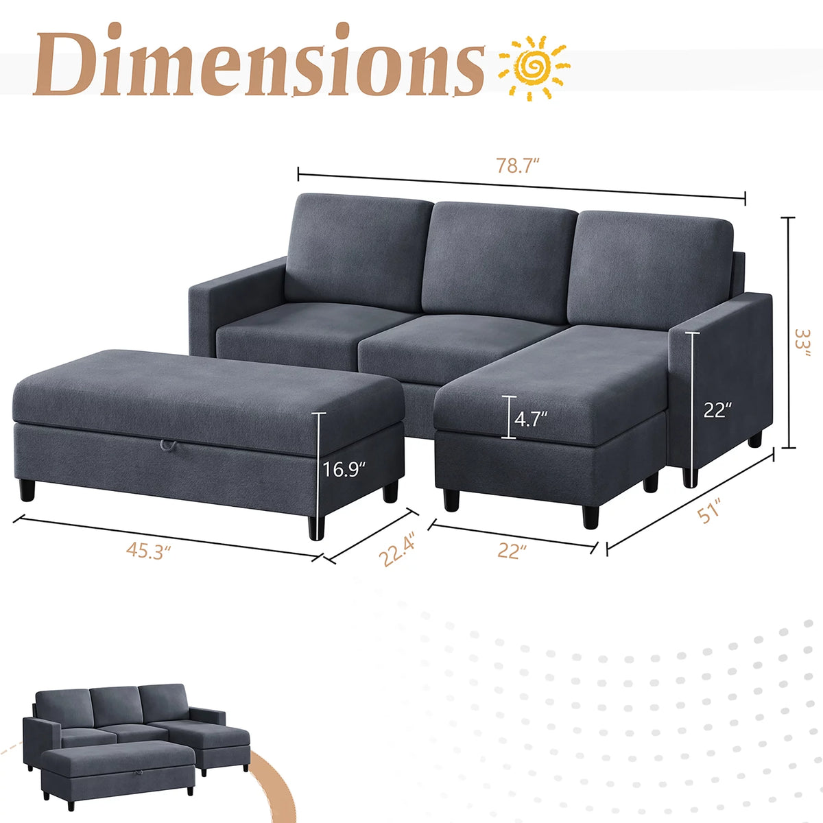 L-Shaped Convertible Sectional Sofa with Storage Ottoman I20500