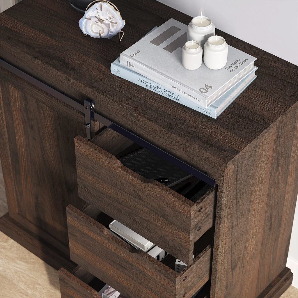 Modern Farmhouse Buffet Table with Sliding Barn Door, Three Drawers & Two Shelves U82762