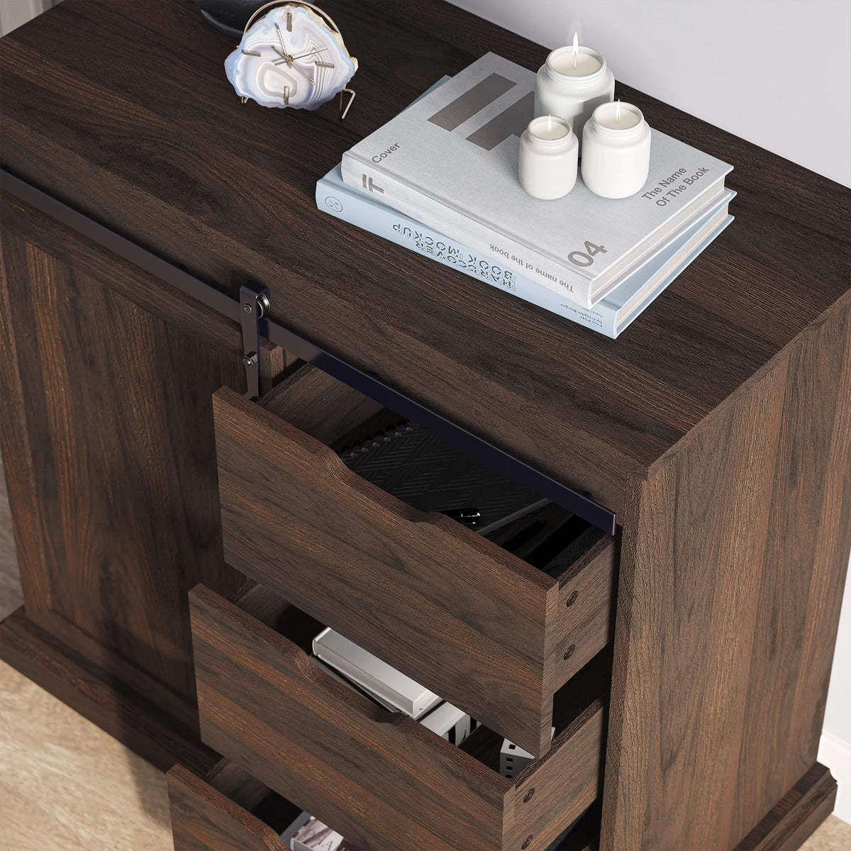 Modern Farmhouse Buffet Table with Sliding Barn Door, Three Drawers & Two Shelves U82762