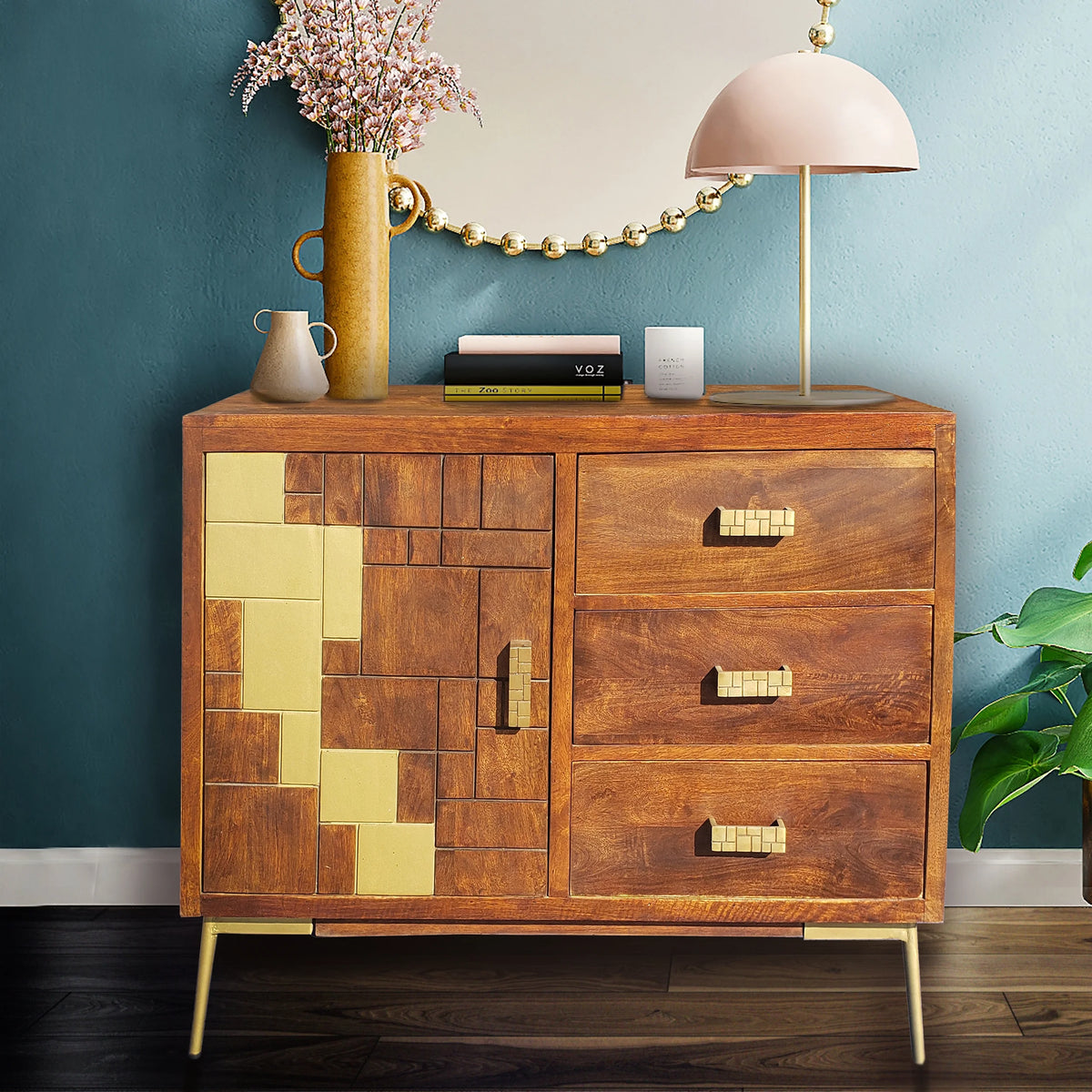 Recycled Mango Wood Cabinet with 1 Door, 3 Drawers A872694